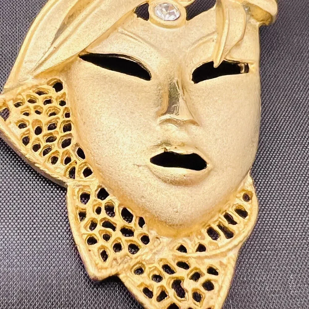Vintage Lady Face Mask Gold Brooch Necklace Pendant Pin Art Deco Rhinestone 4089
